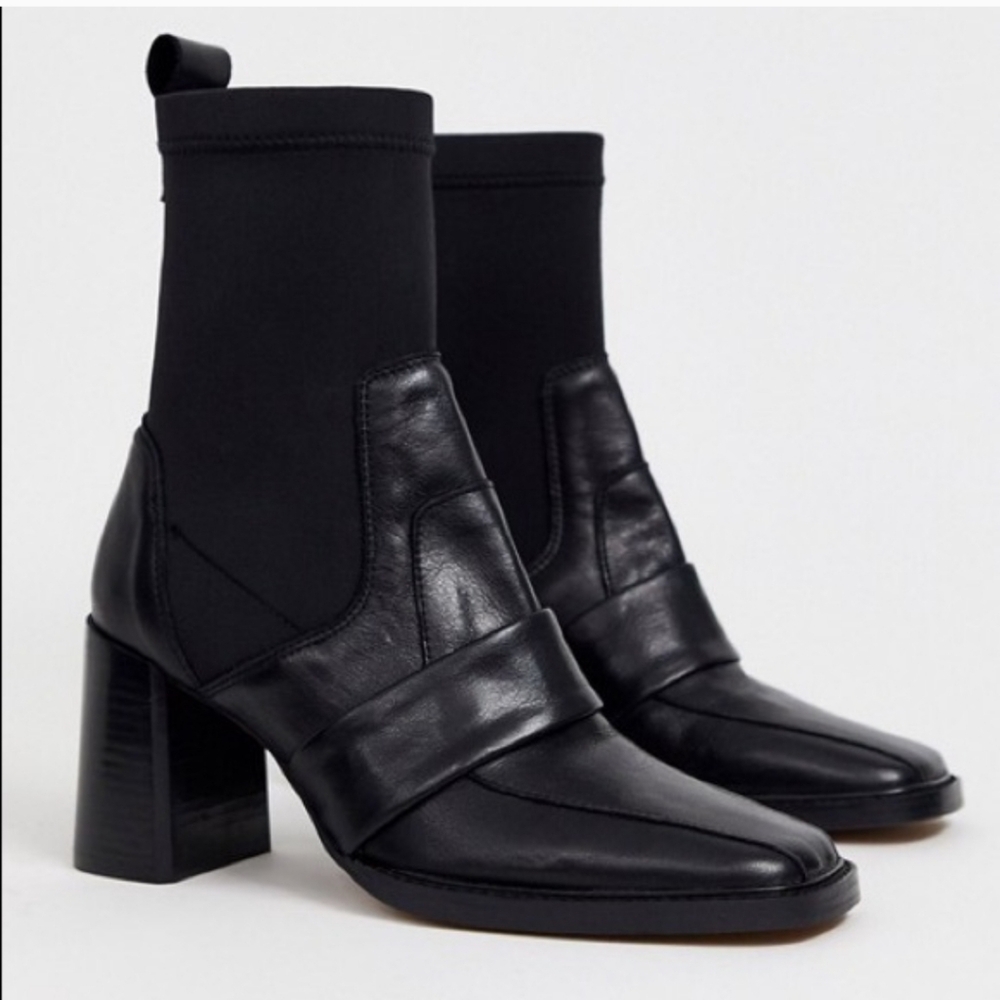 ASOS Black Leather Ankle Sock Boots Square Toe Block Heel Spain Made UK 7 US 9 - Picture 12 of 13